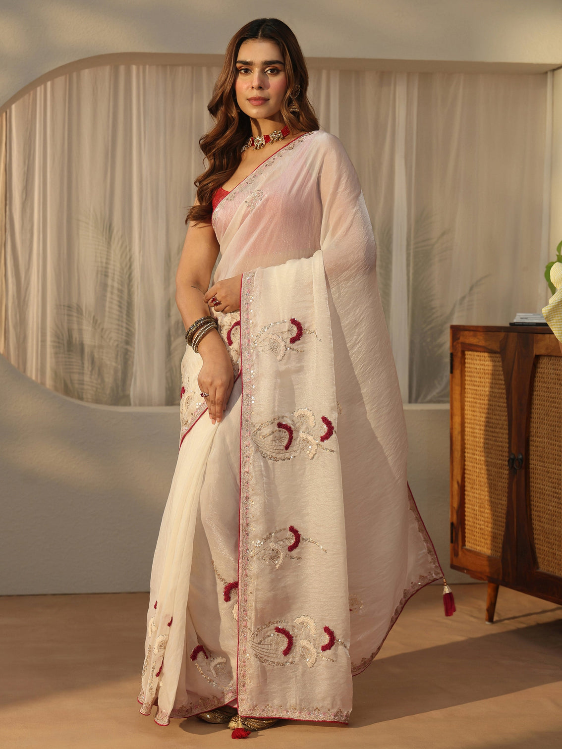 Mameraa Cream Sequin Embellished Tissue Saree