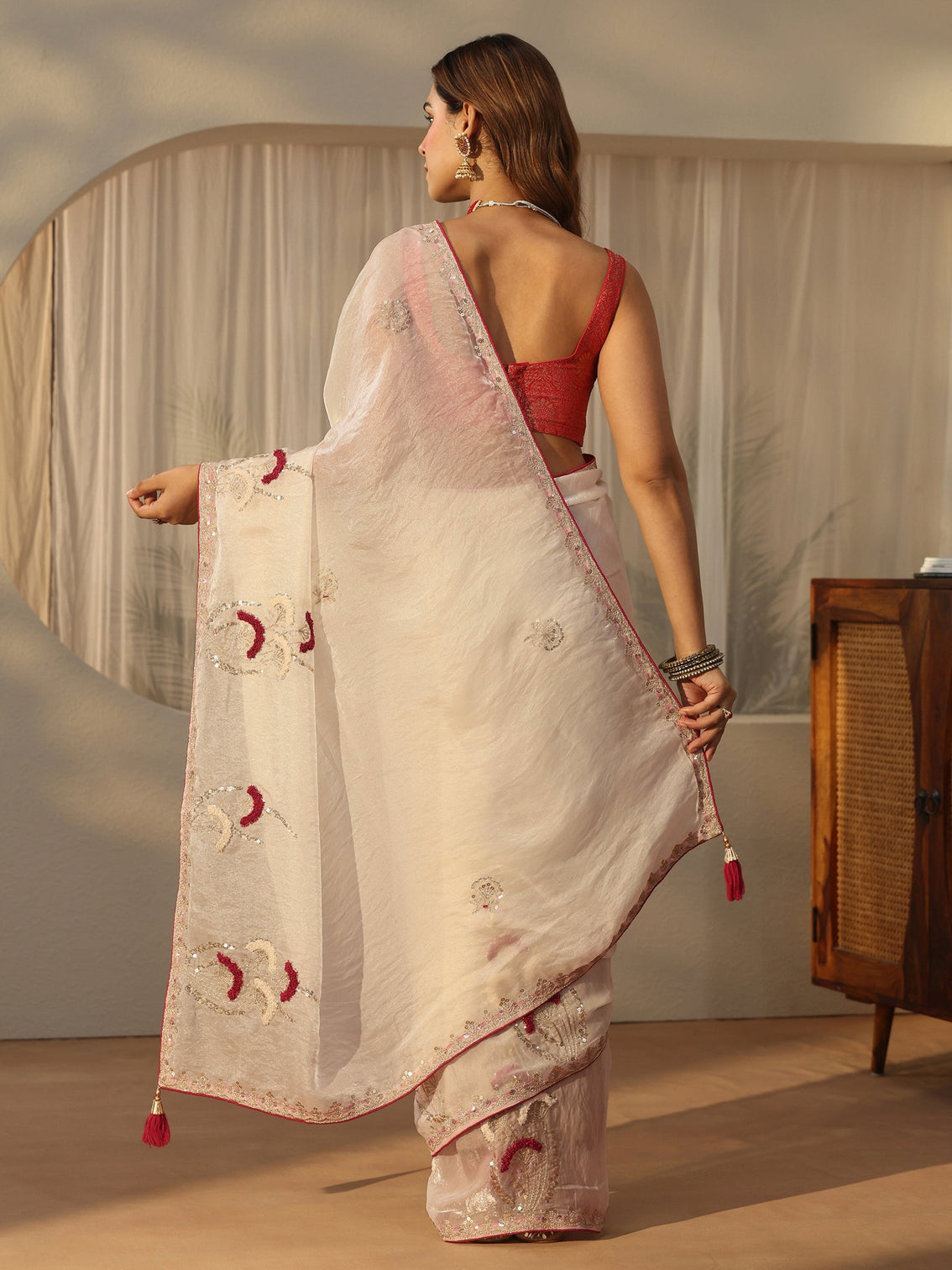 Mameraa Cream Sequin Embellished Tissue Saree