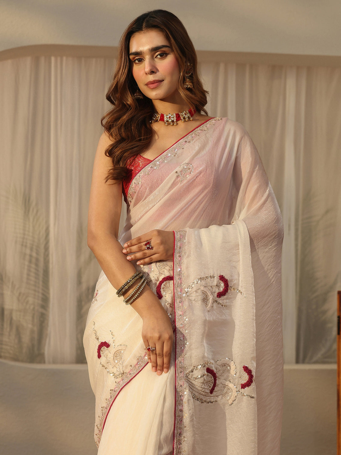 Mameraa Cream Sequin Embellished Tissue Saree