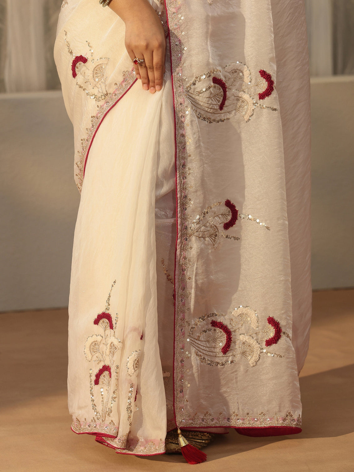 Mameraa Cream Sequin Embellished Tissue Saree