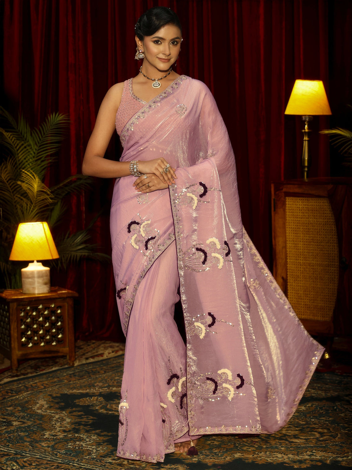 Mameraa Lavender Sequin Embellished Tissue Saree