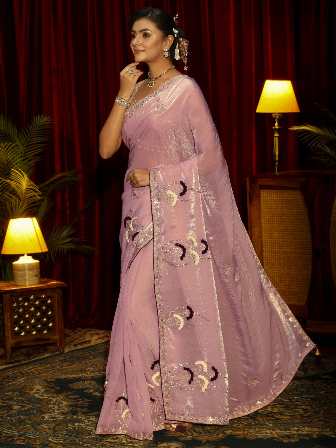 Mameraa Lavender Sequin Embellished Tissue Saree