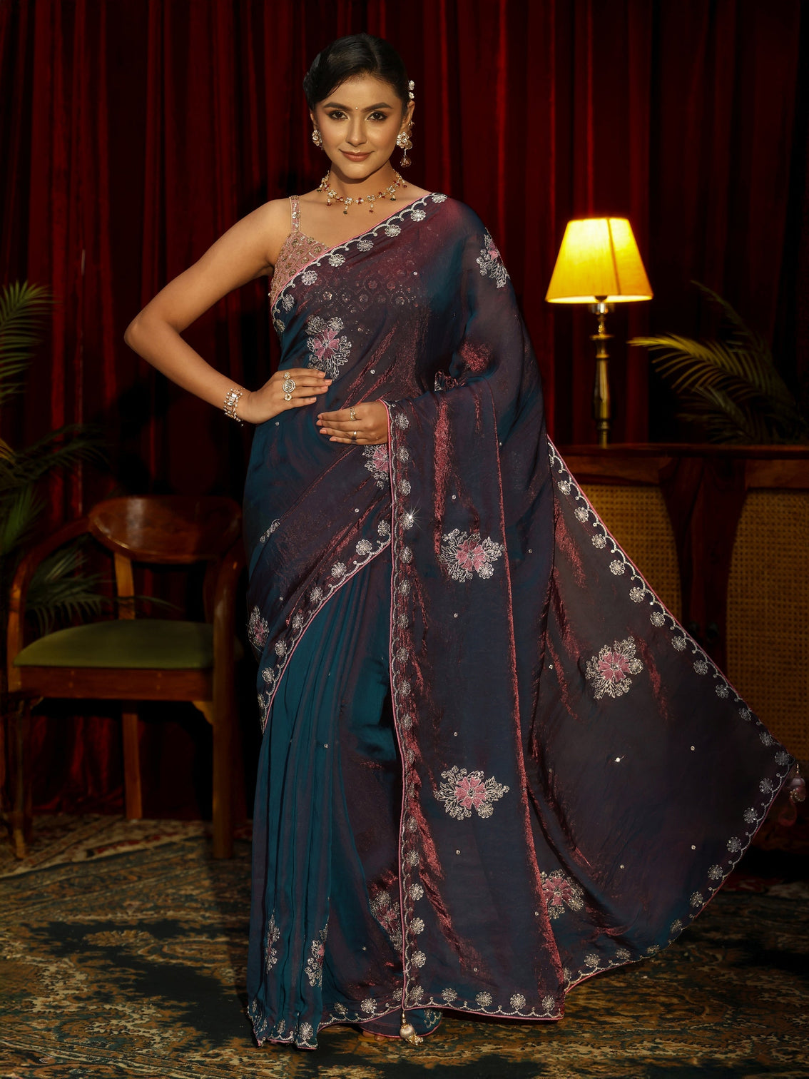 Mameraa Maroon Floral Embroidered Tissue Saree