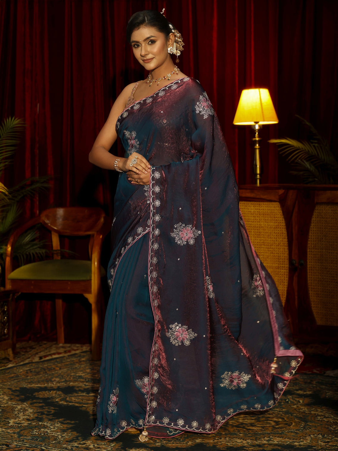 Mameraa Maroon Floral Embroidered Tissue Saree