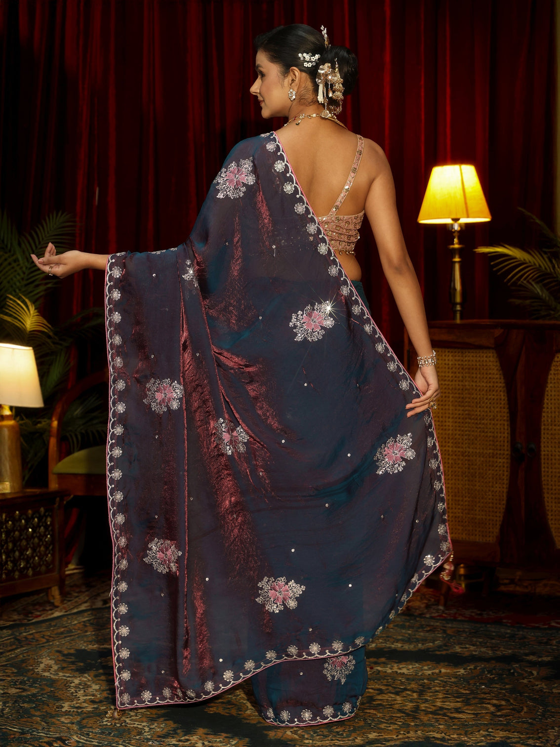 Mameraa Maroon Floral Embroidered Tissue Saree