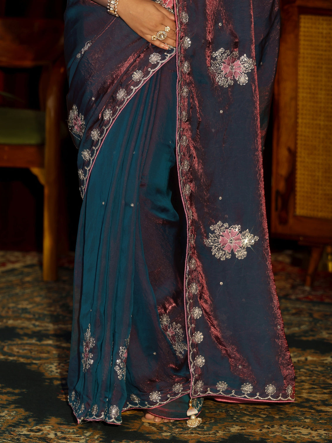 Mameraa Maroon Floral Embroidered Tissue Saree