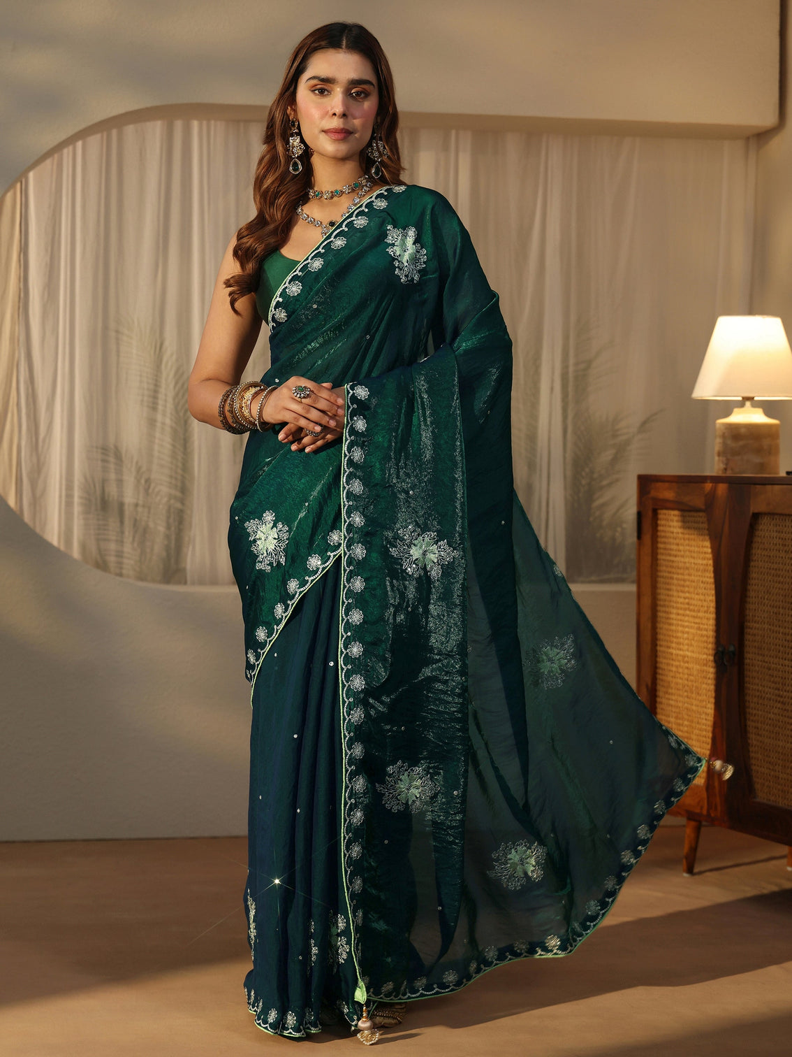 Mameraa Dark Green Floral Embroidered Tissue Saree