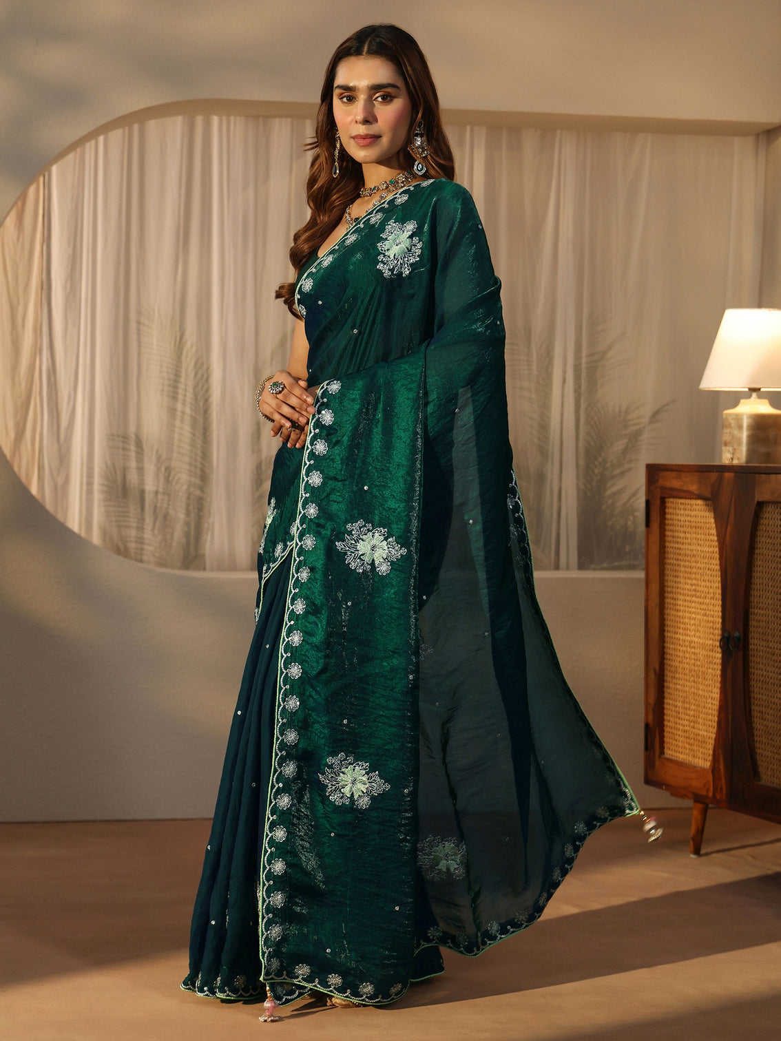 Mameraa Dark Green Floral Embroidered Tissue Saree
