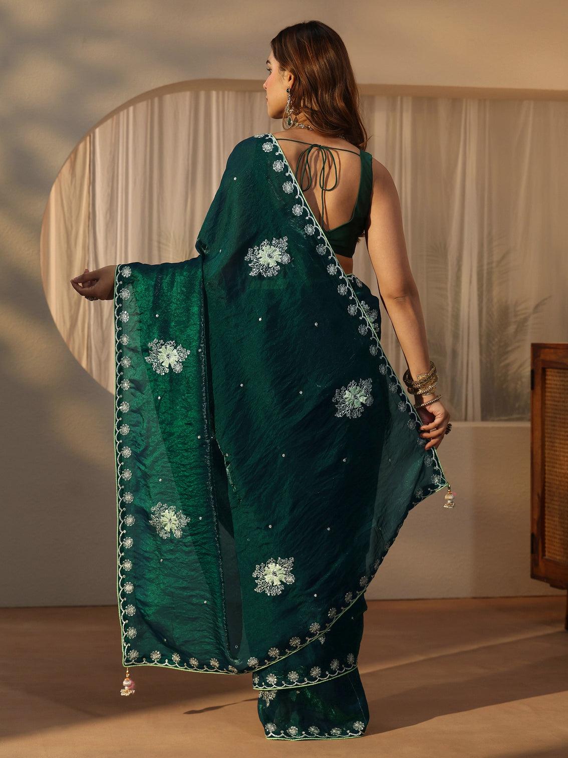 Mameraa Dark Green Floral Embroidered Tissue Saree