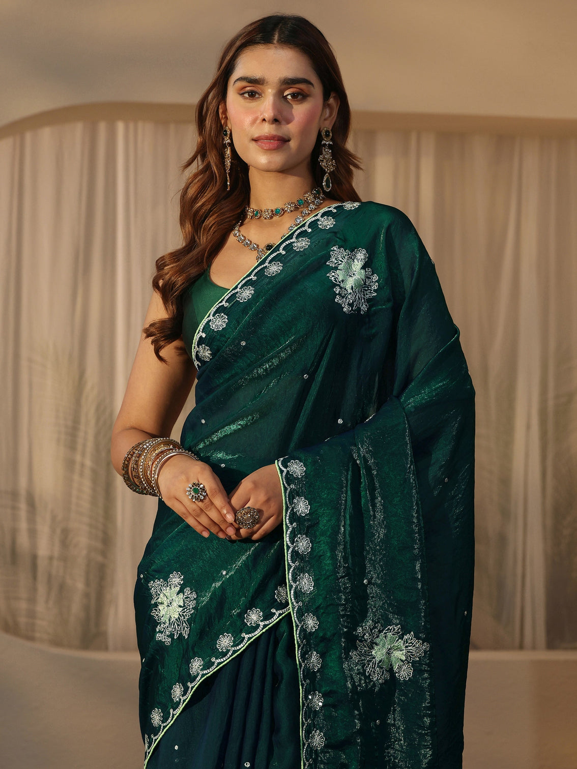 Mameraa Dark Green Floral Embroidered Tissue Saree
