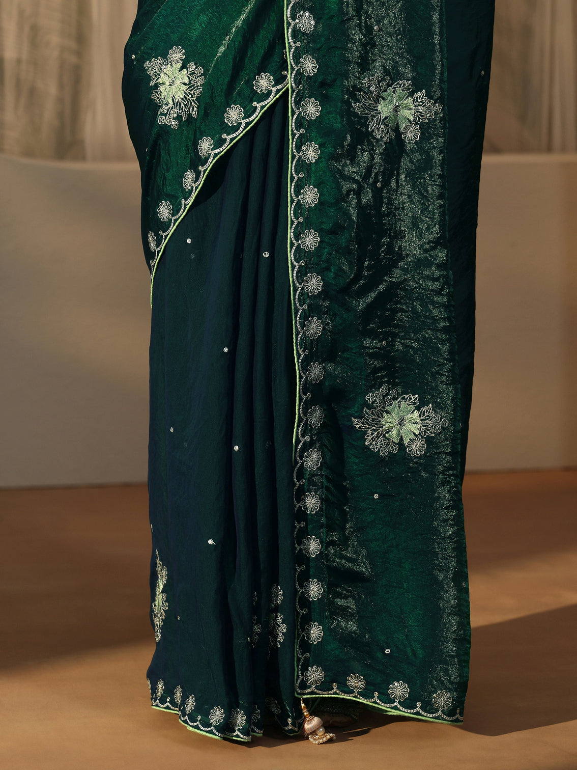Mameraa Dark Green Floral Embroidered Tissue Saree