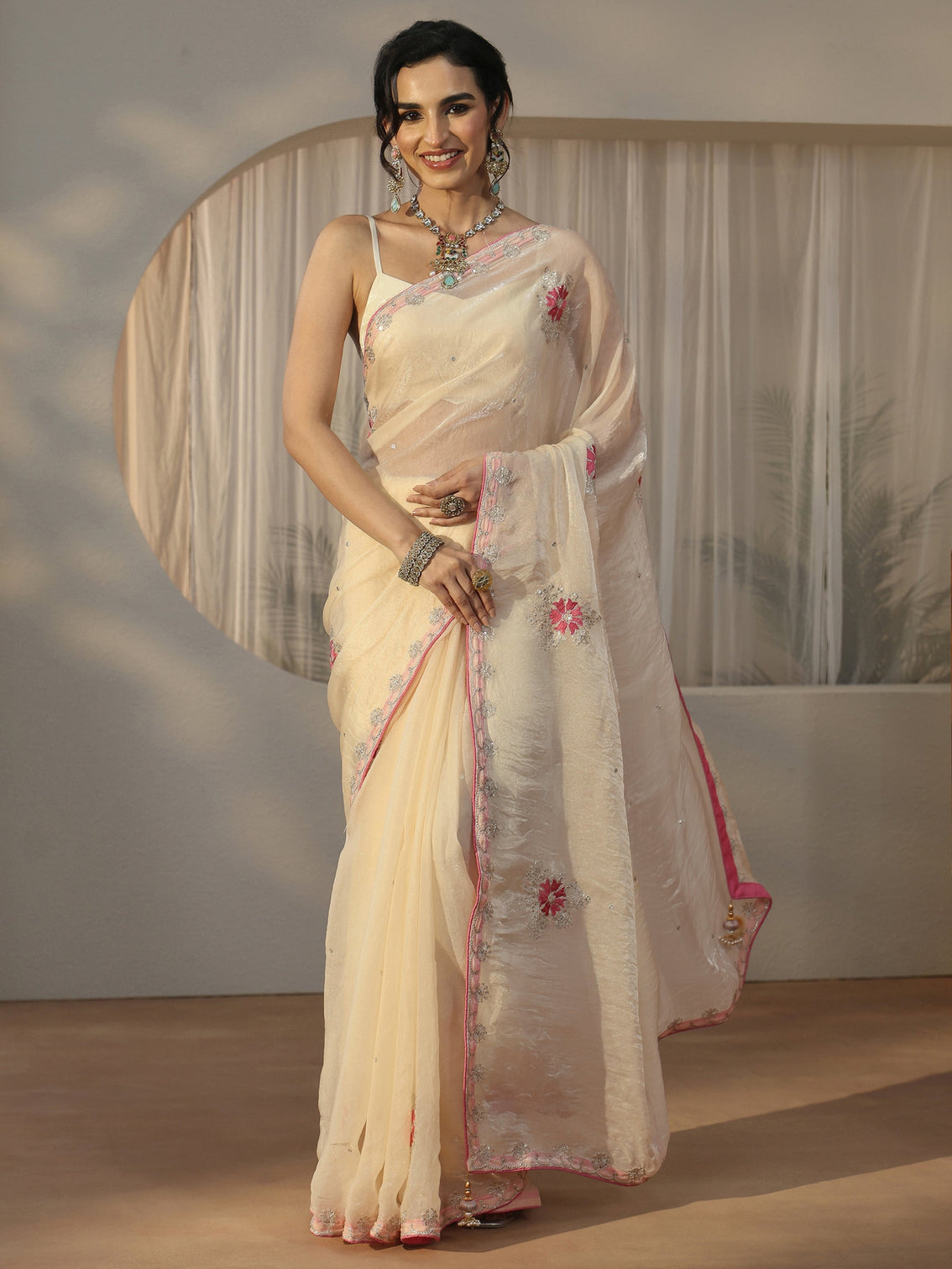 Mameraa Cream Floral Embroidered Tissue Saree