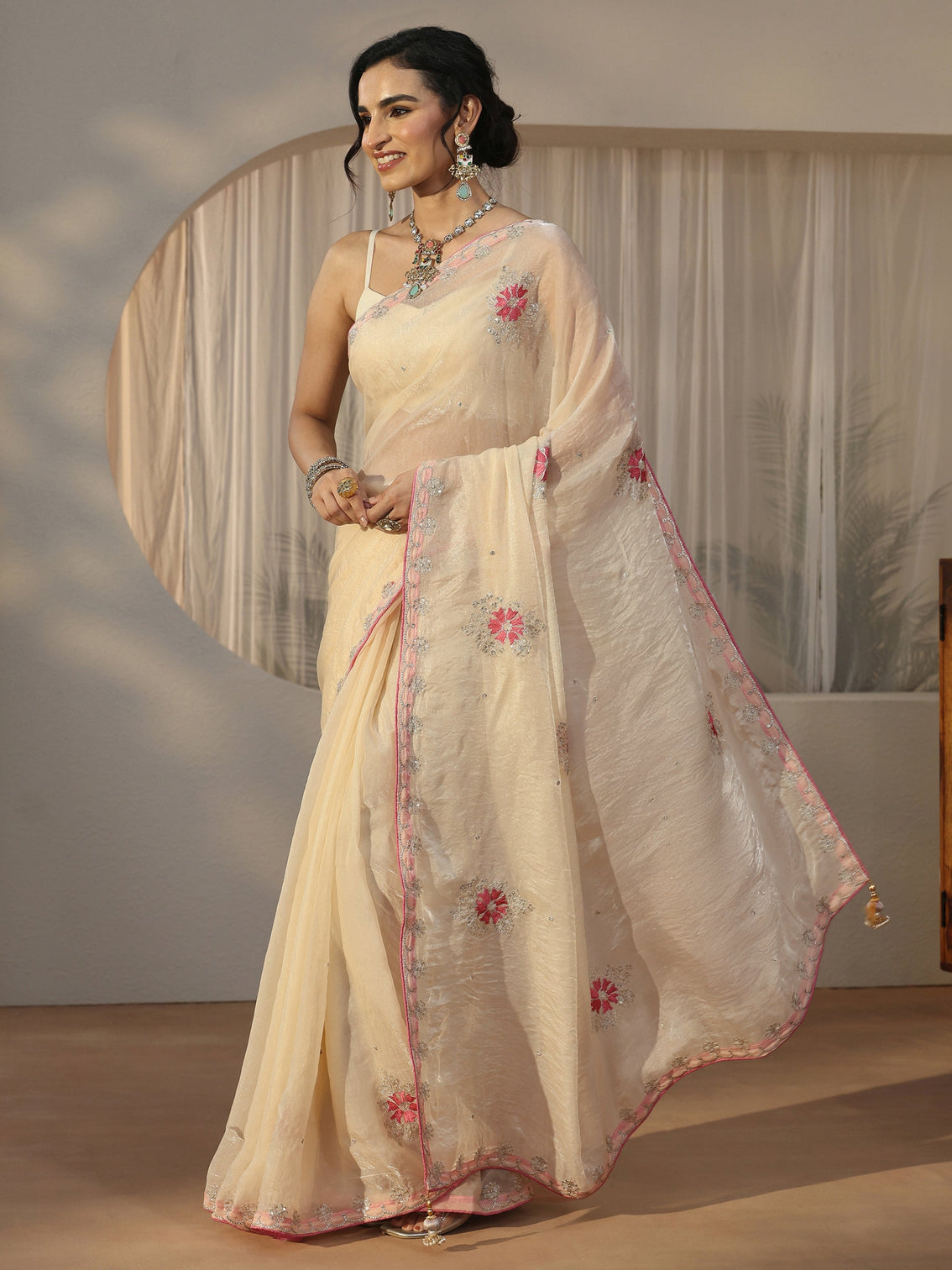 Mameraa Cream Floral Embroidered Tissue Saree