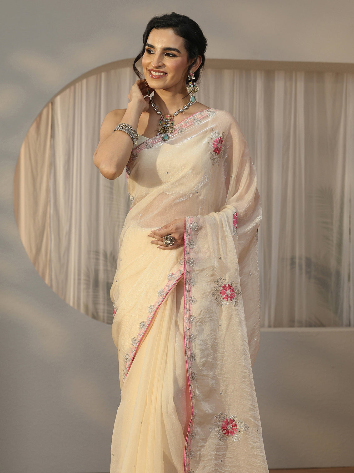 Mameraa Cream Floral Embroidered Tissue Saree