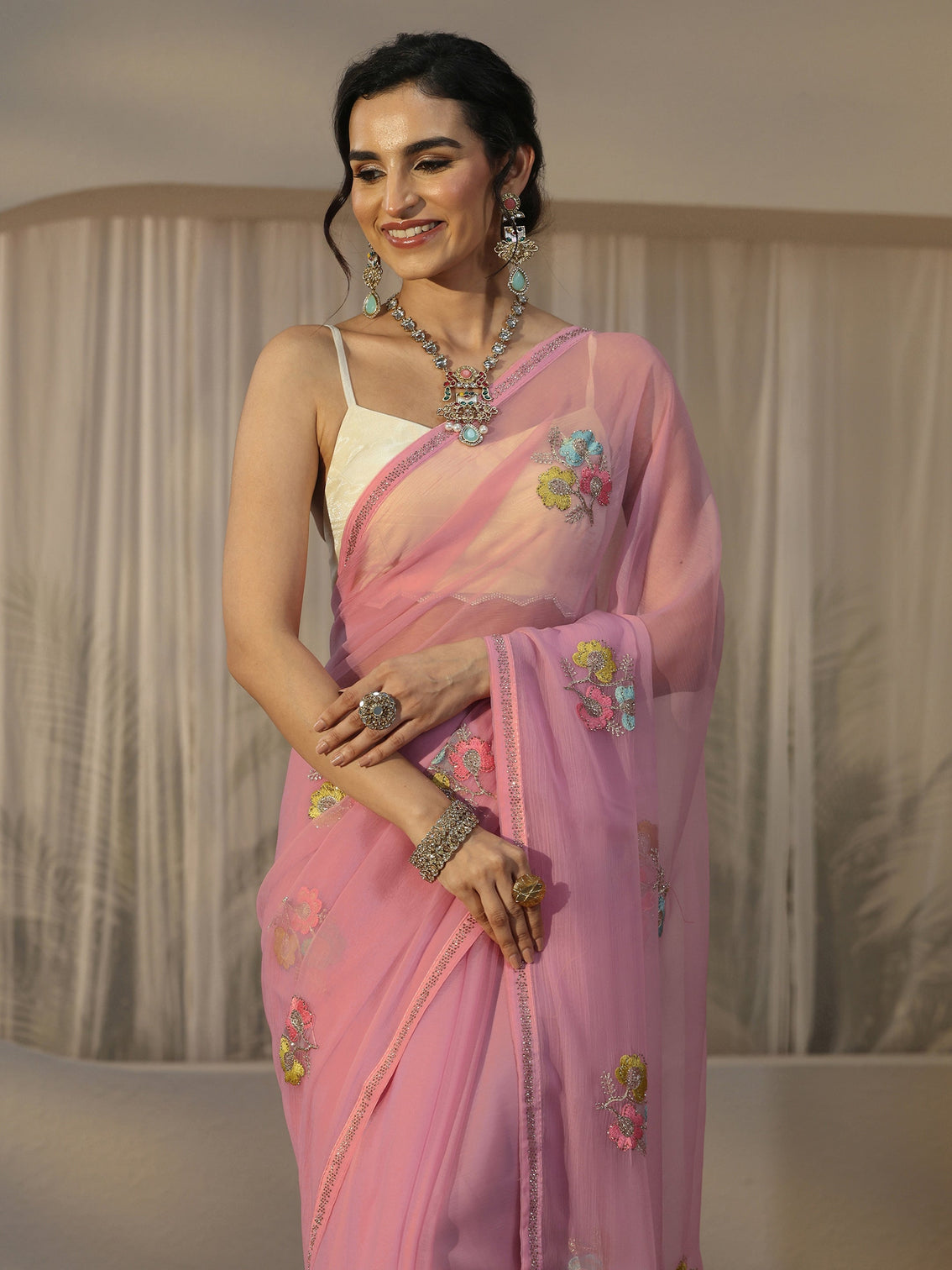 Mameraa Pink Floral Embroidered Chiffon Saree