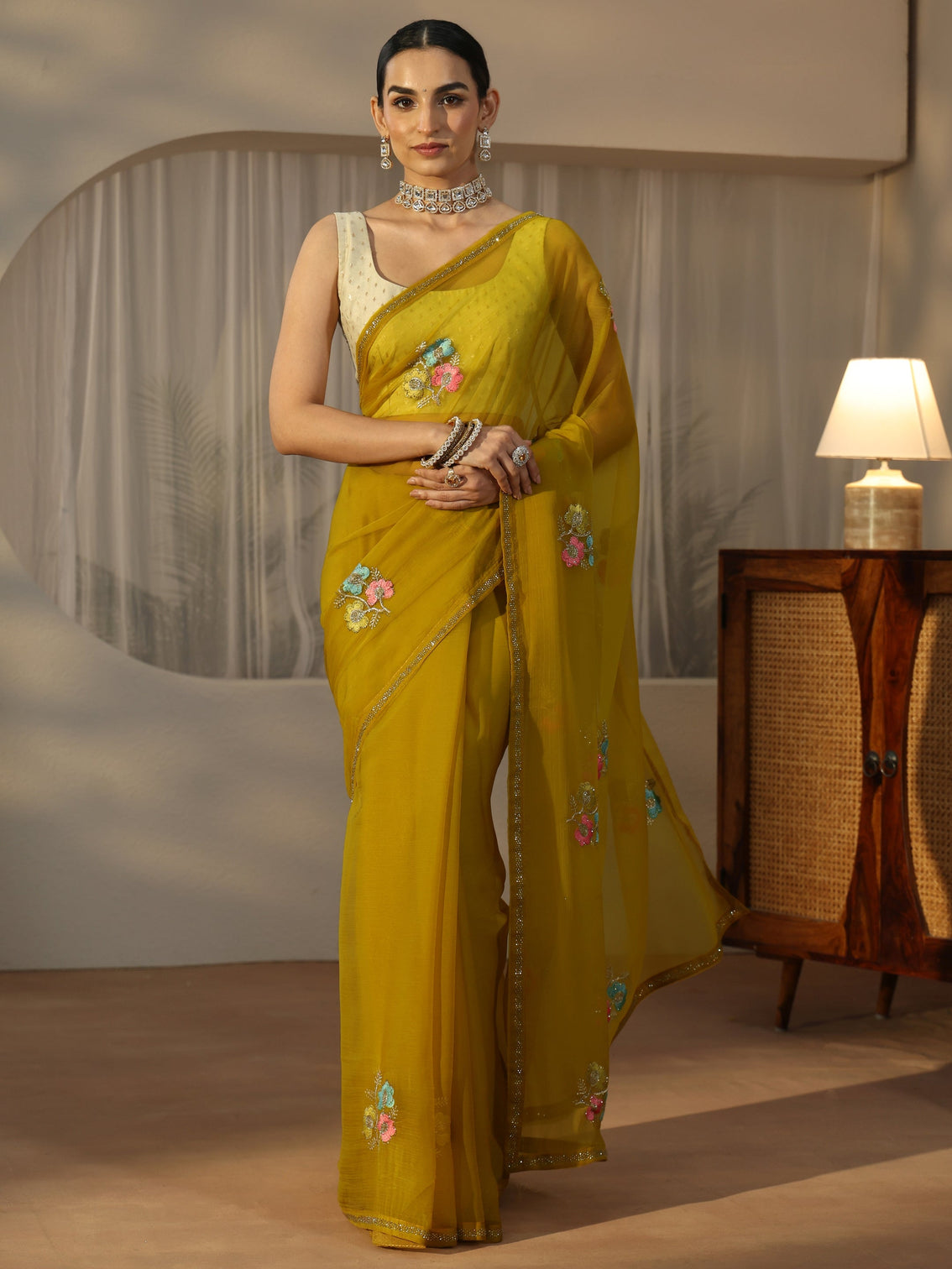 Mameraa Mustard Floral Embroidered Chiffon Saree