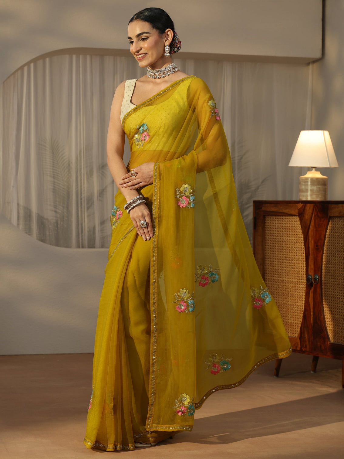 Mameraa Mustard Floral Embroidered Chiffon Saree