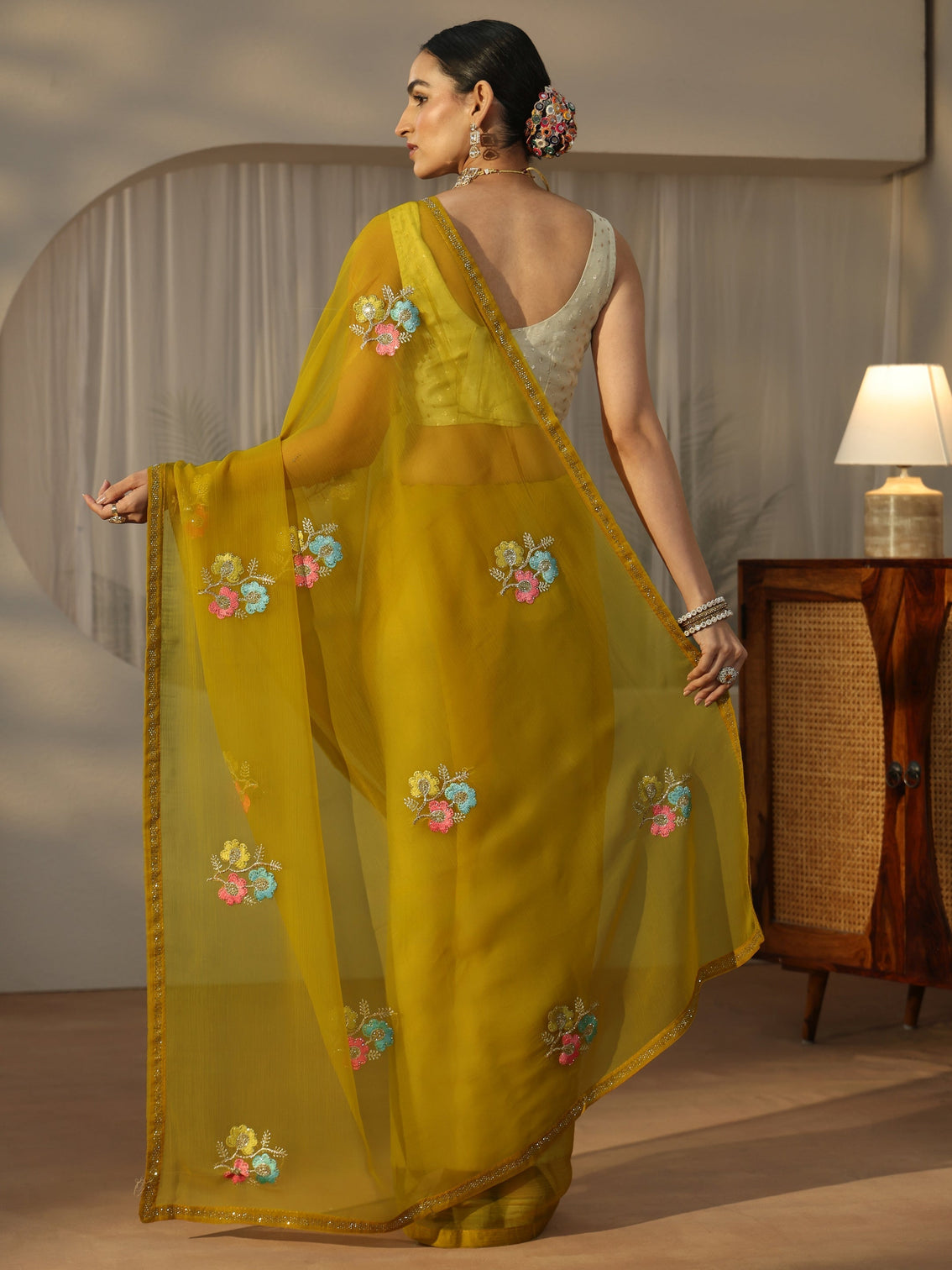 Mameraa Mustard Floral Embroidered Chiffon Saree