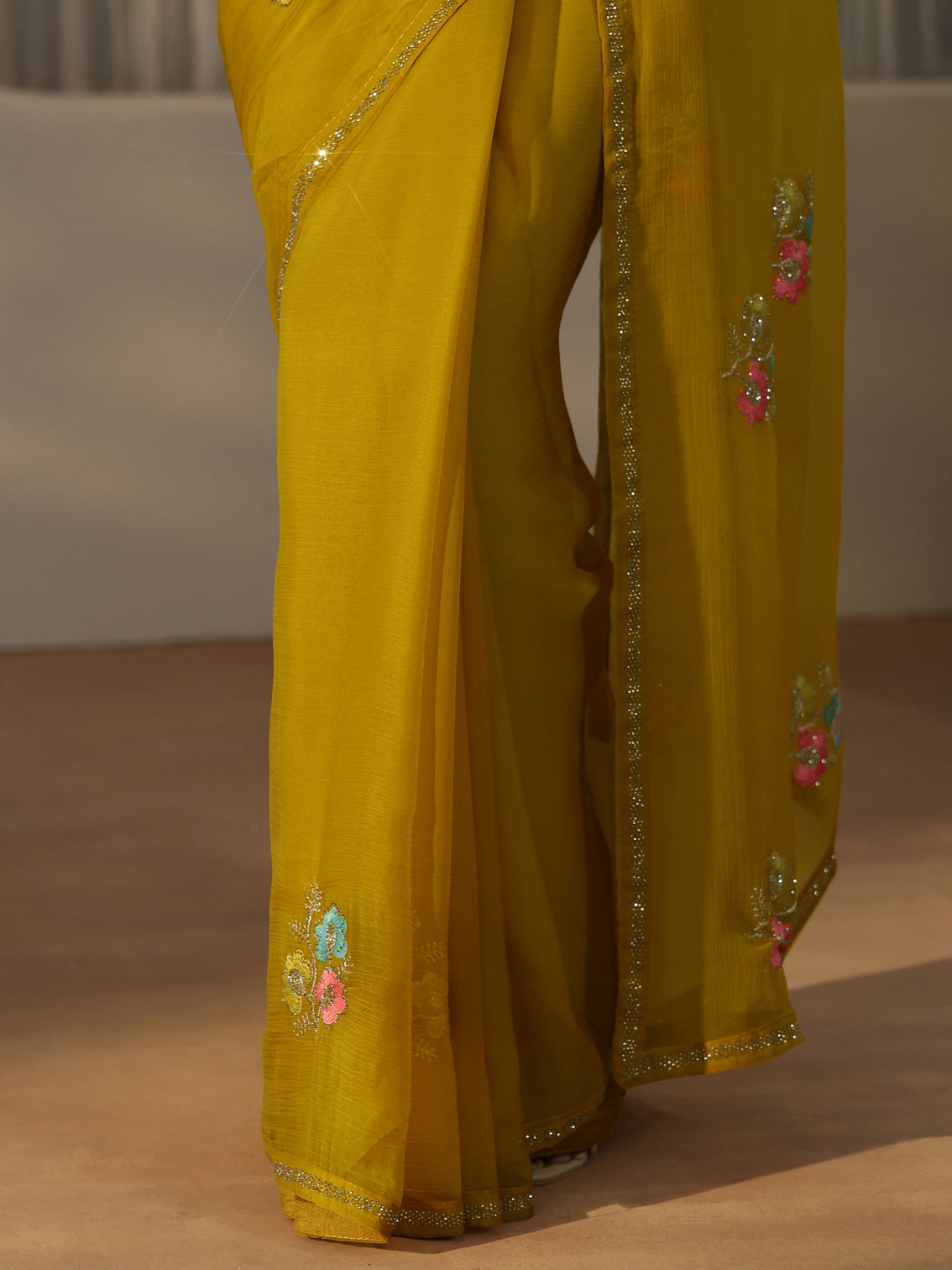 Mameraa Mustard Floral Embroidered Chiffon Saree