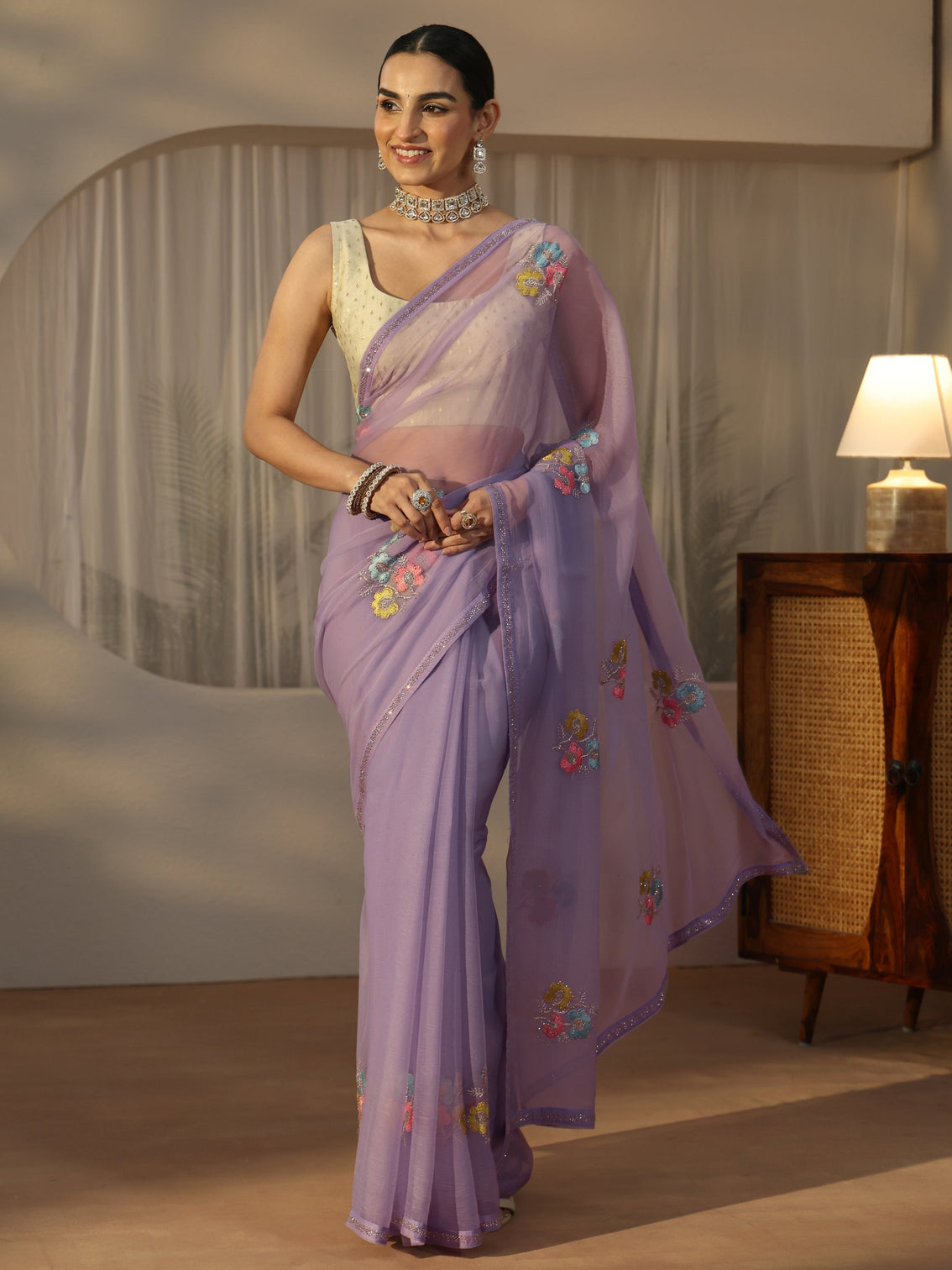 Mameraa Lavender Floral Embroidered Chiffon Saree