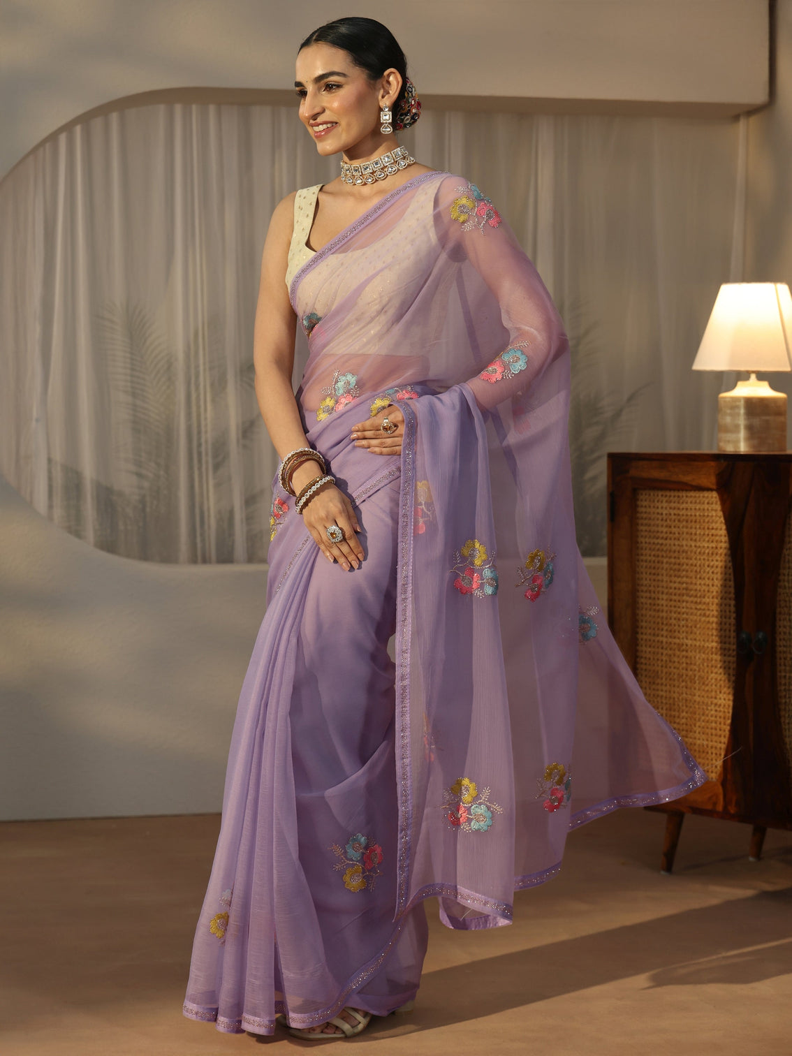 Mameraa Lavender Floral Embroidered Chiffon Saree