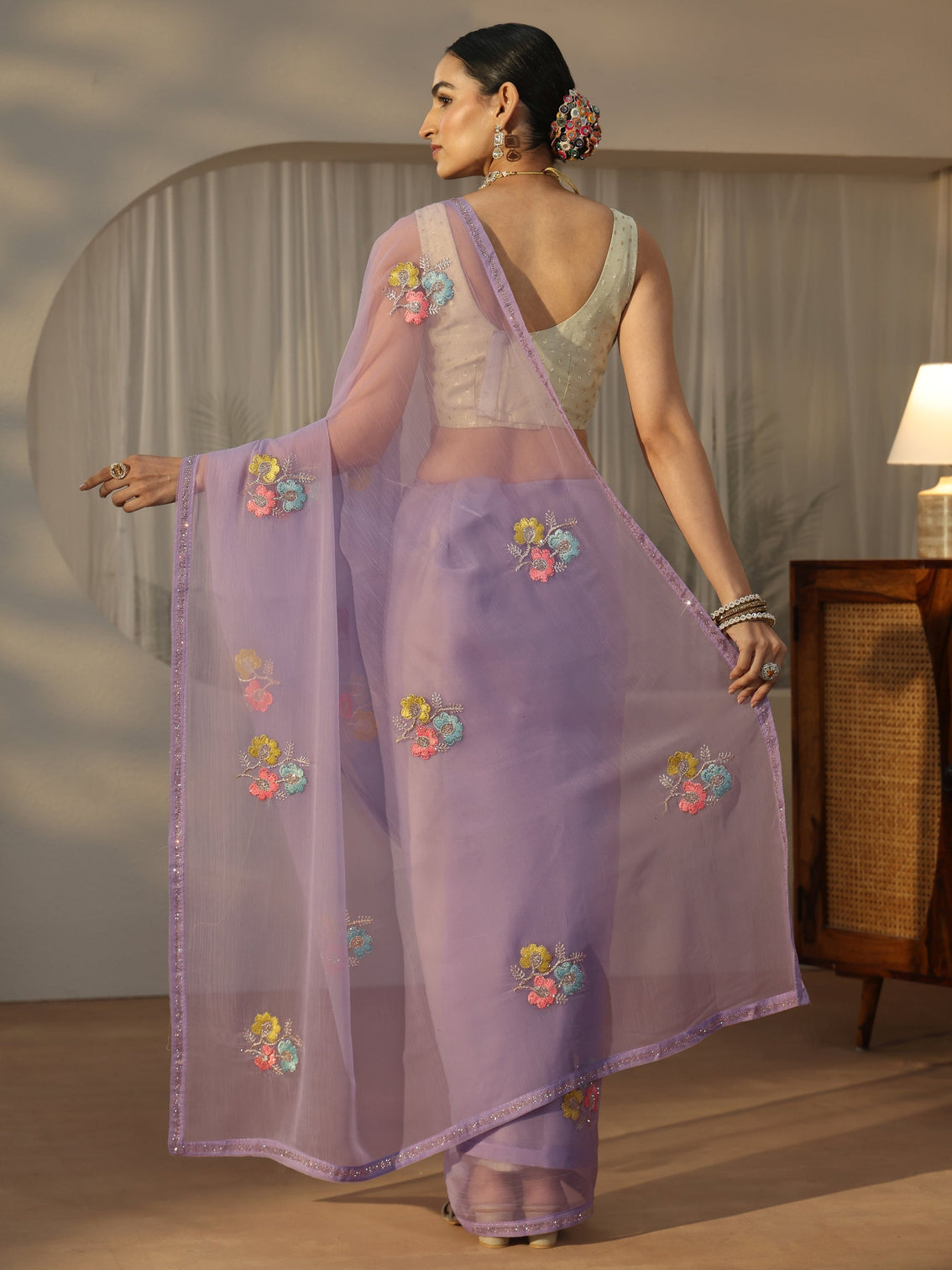 Mameraa Lavender Floral Embroidered Chiffon Saree