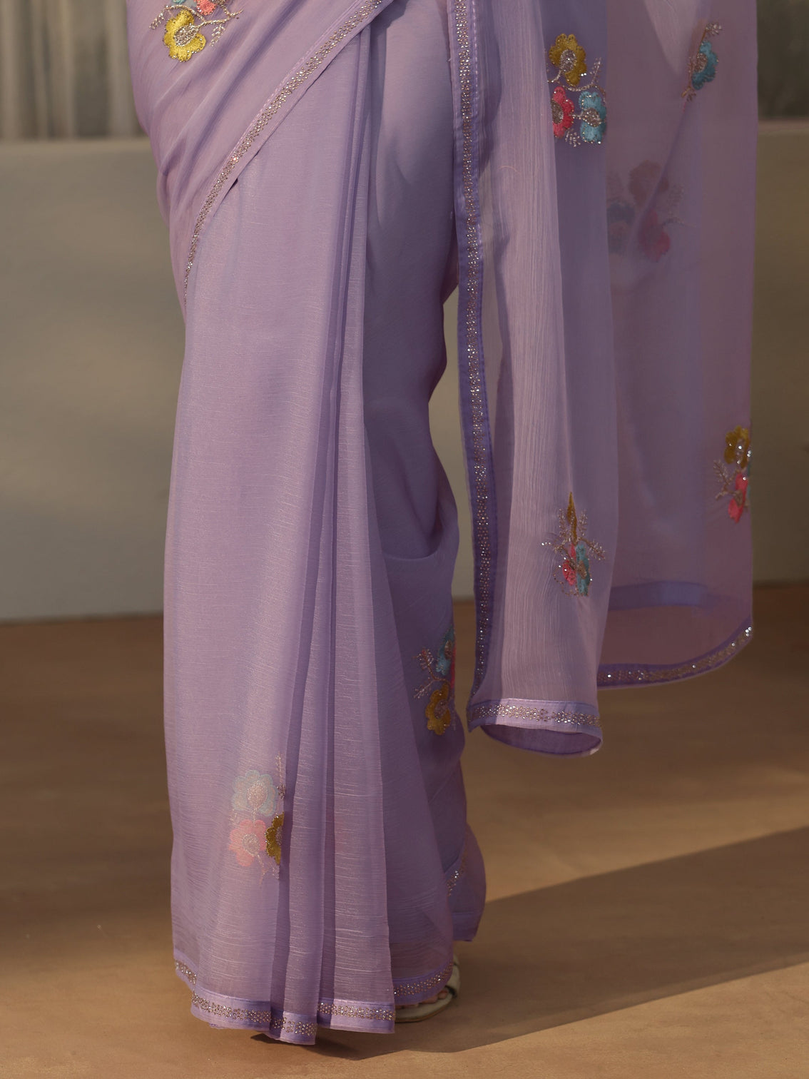 Mameraa Lavender Floral Embroidered Chiffon Saree