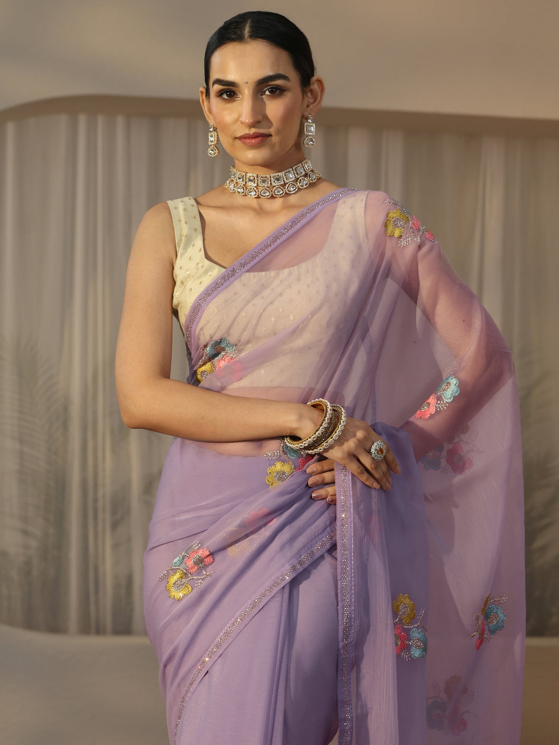 Mameraa Lavender Floral Embroidered Chiffon Saree