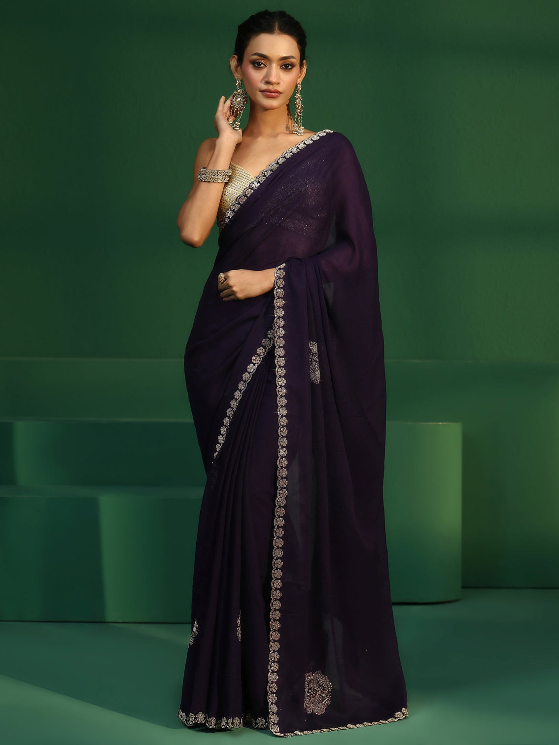 Mameraa Midnight Purple Embellished Silk Blend Saree
