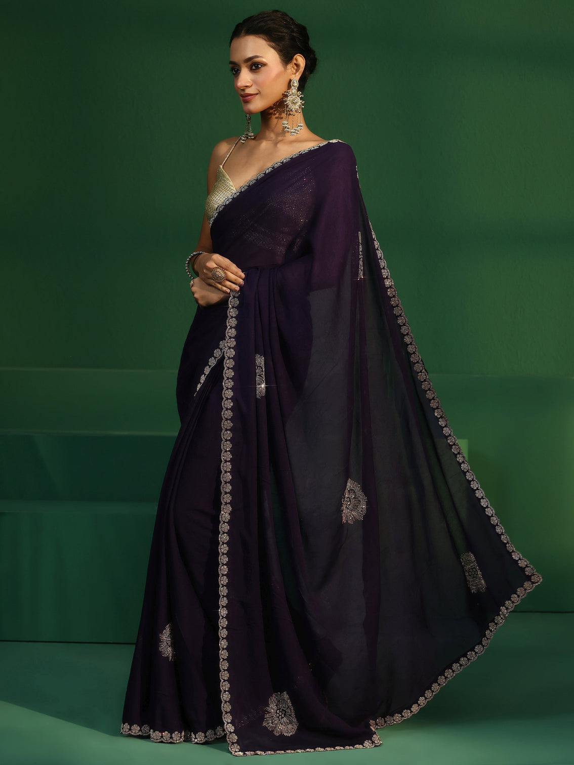 Mameraa Midnight Purple Embellished Silk Blend Saree