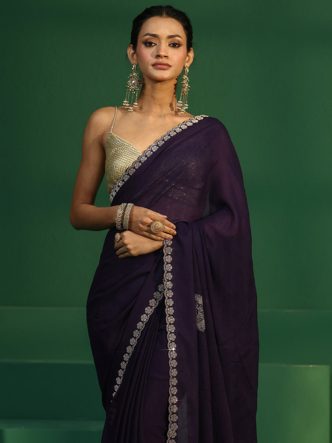 Mameraa Midnight Purple Embellished Silk Blend Saree