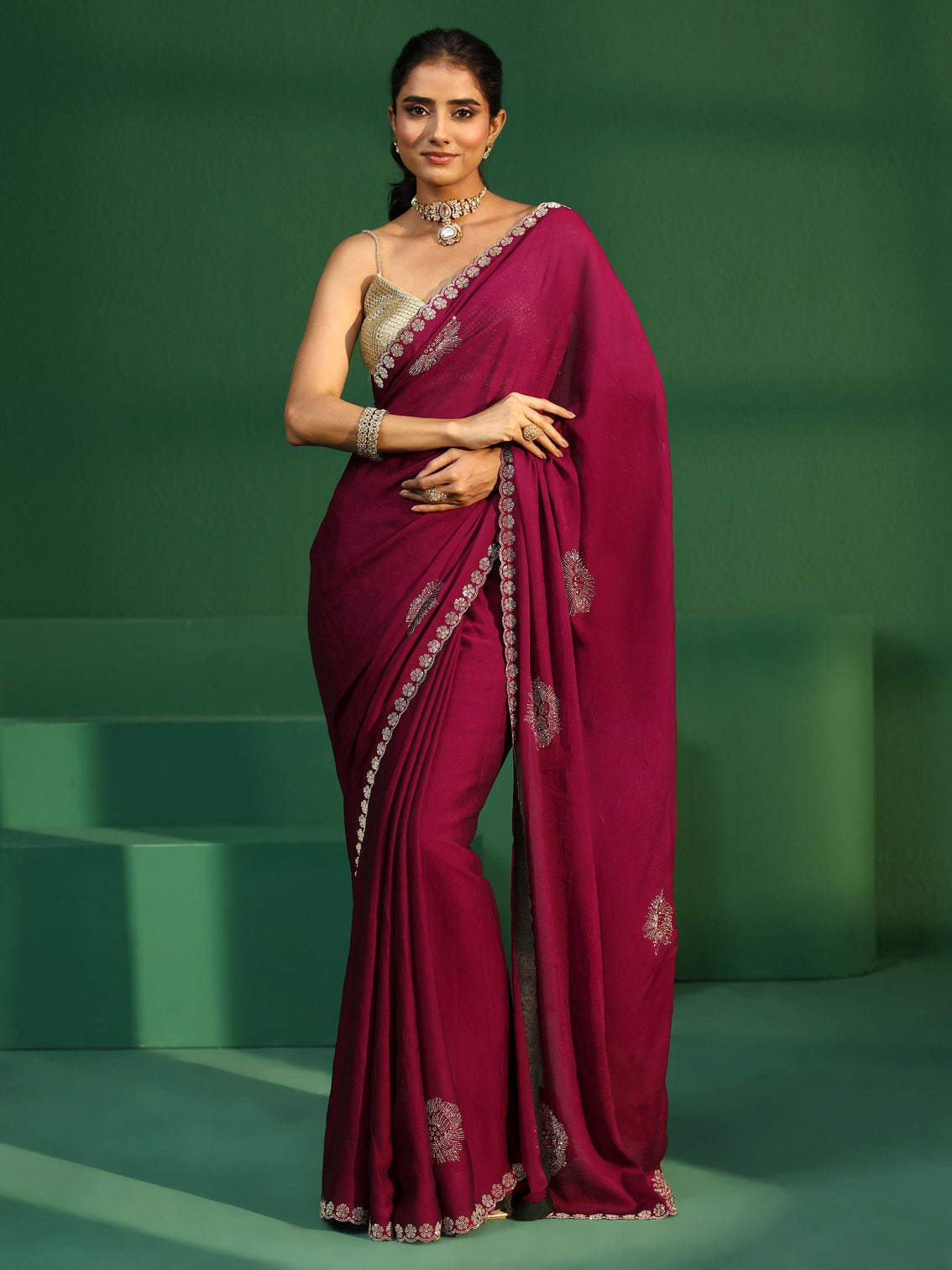 Mameraa Cardinal Red Embellished Silk Blend Saree