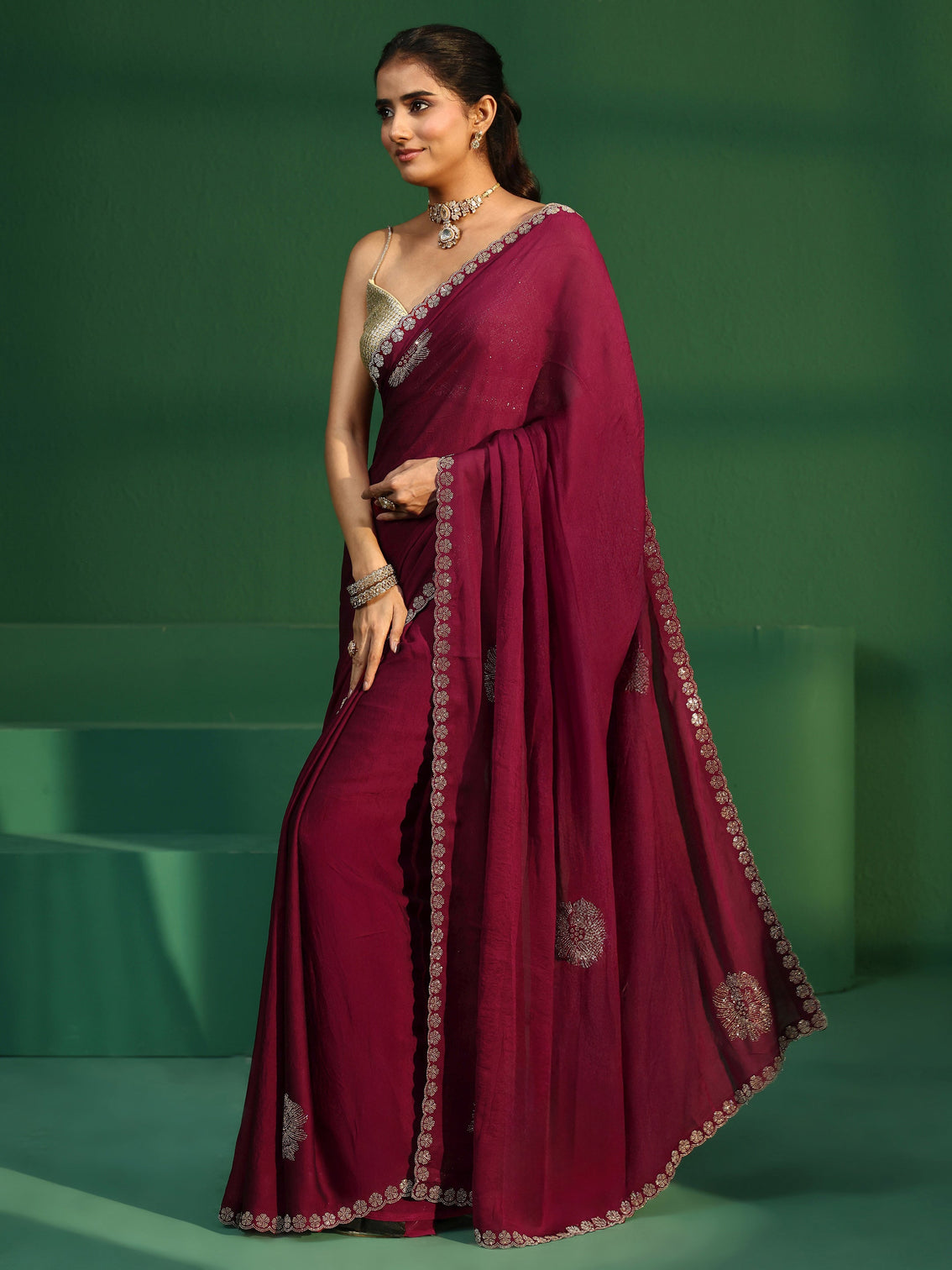 Mameraa Cardinal Red Embellished Silk Blend Saree