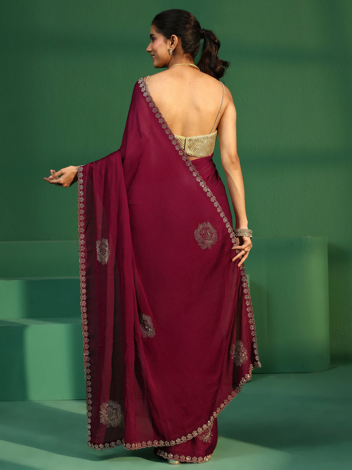 Mameraa Cardinal Red Embellished Silk Blend Saree