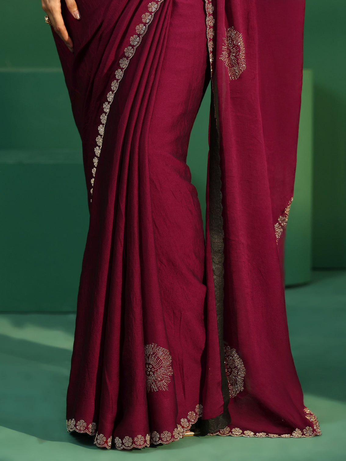 Mameraa Cardinal Red Embellished Silk Blend Saree