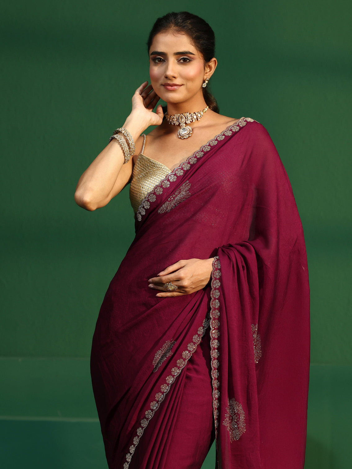Mameraa Cardinal Red Embellished Silk Blend Saree