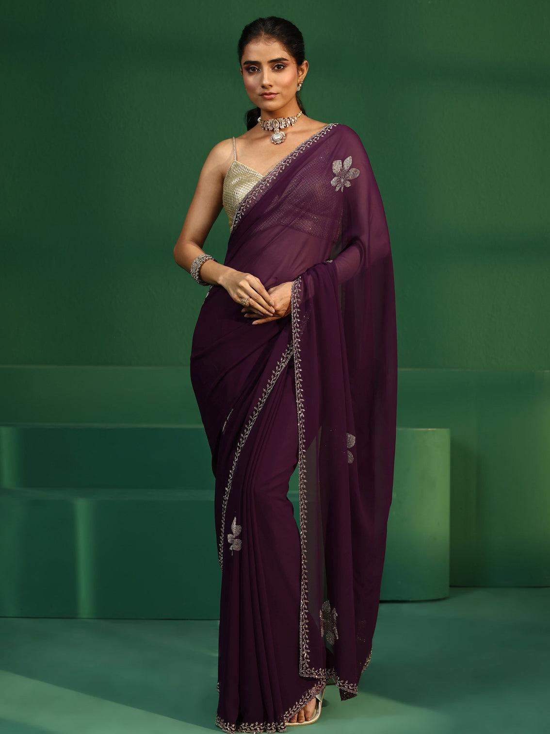 Mameraa Burgundy Embellished Georgette Saree