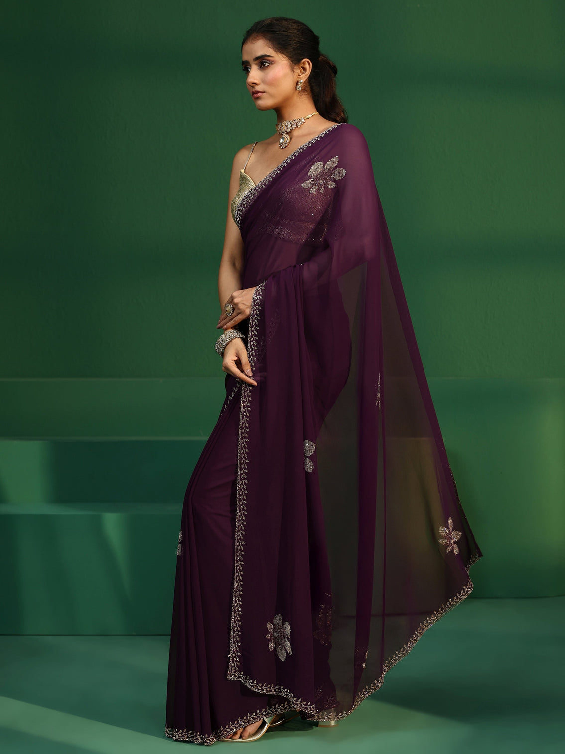 Mameraa Burgundy Embellished Georgette Saree