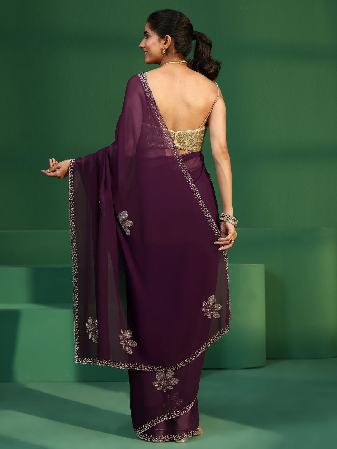 Mameraa Burgundy Embellished Georgette Saree