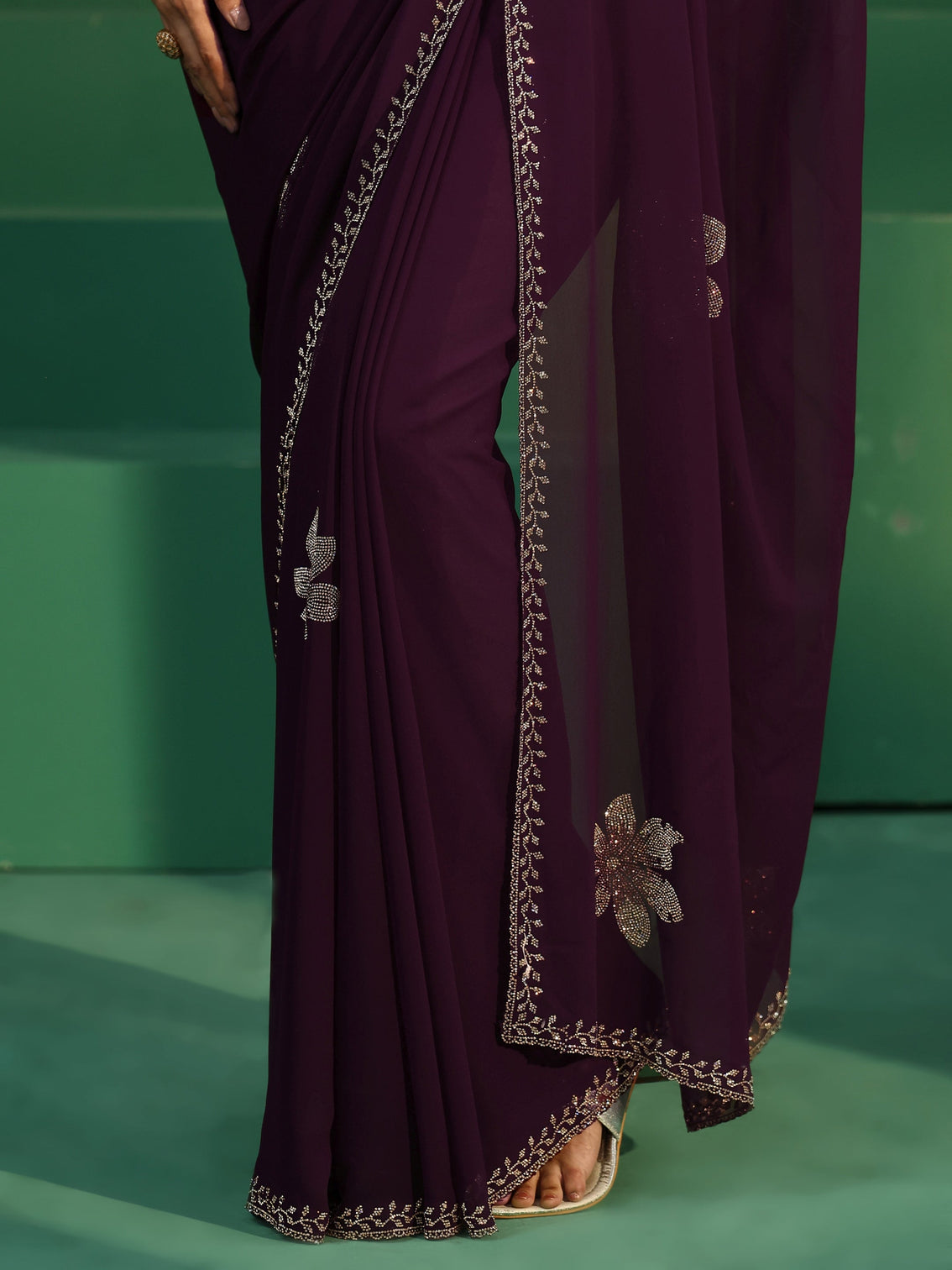 Mameraa Burgundy Embellished Georgette Saree