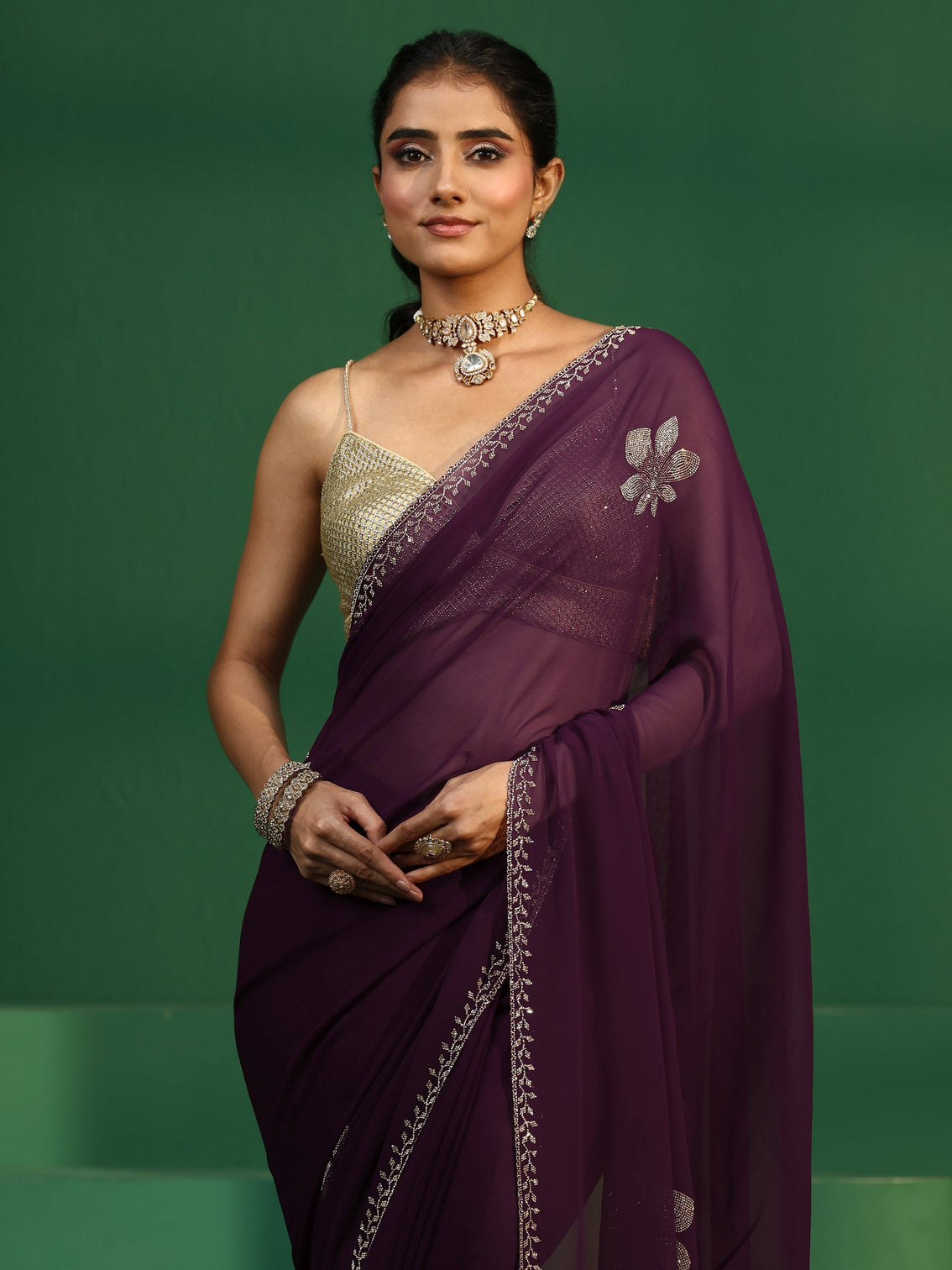 Mameraa Burgundy Embellished Georgette Saree