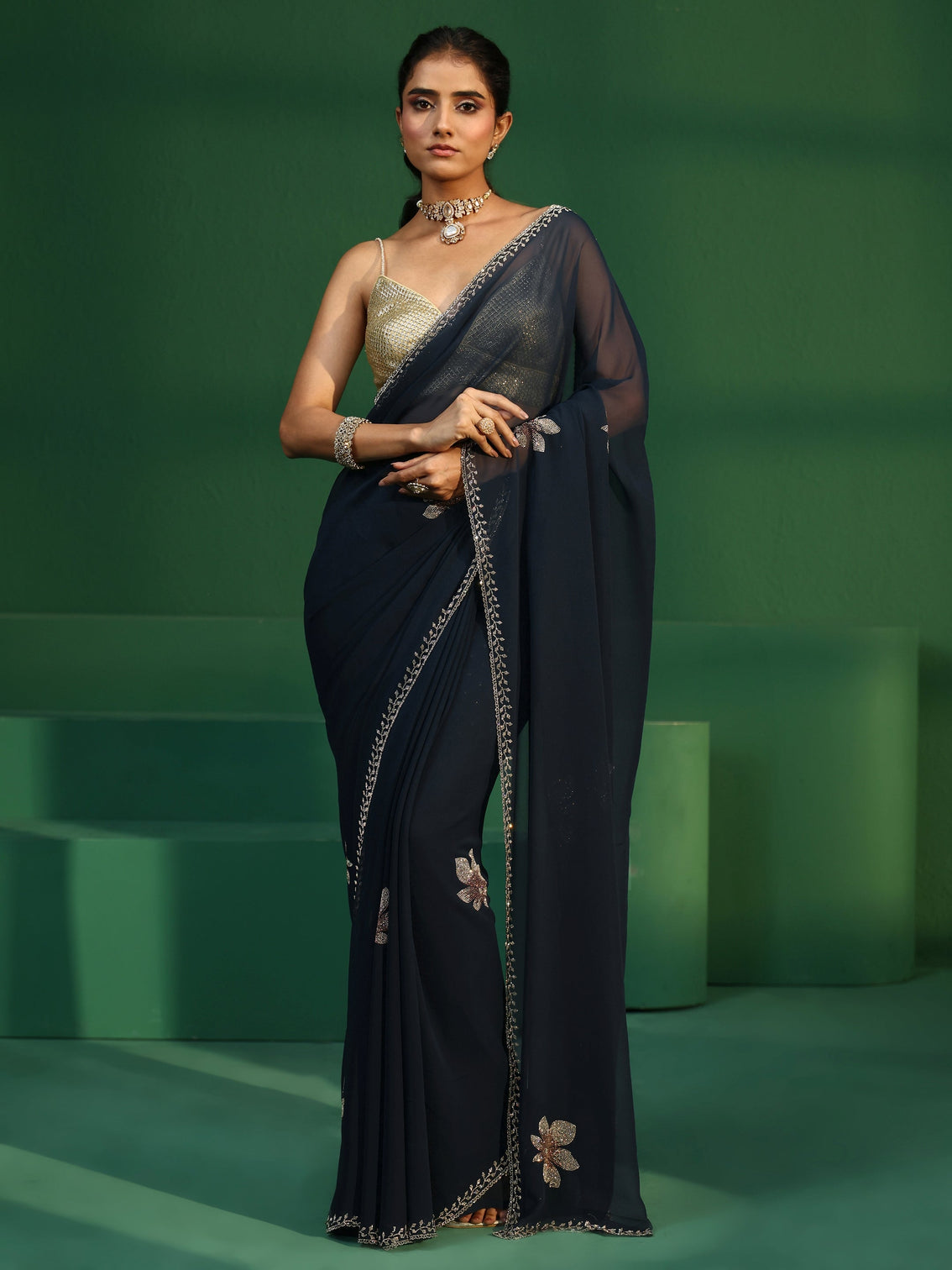Mameraa Navy Blue Embellished Georgette Saree