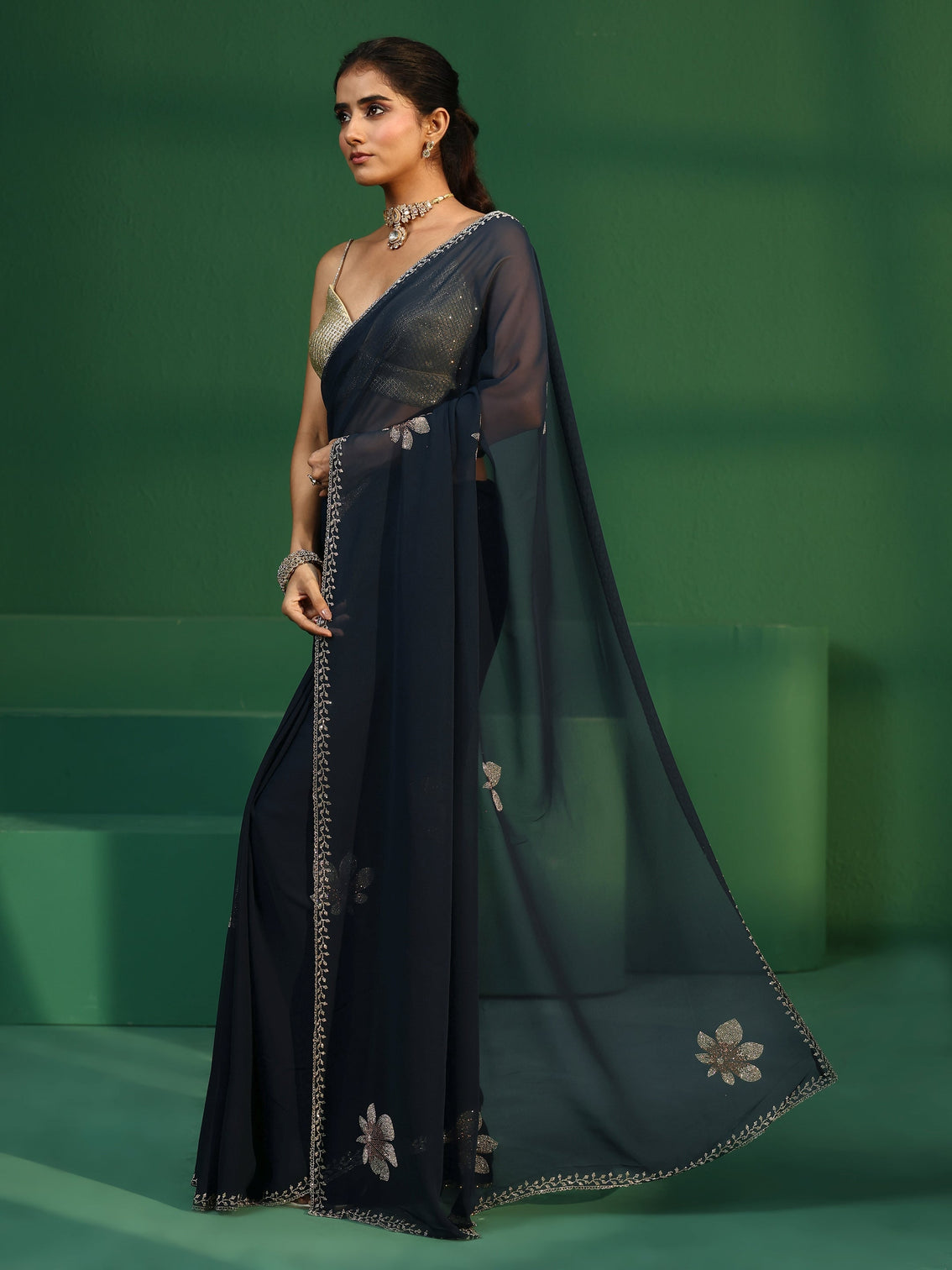 Mameraa Navy Blue Embellished Georgette Saree