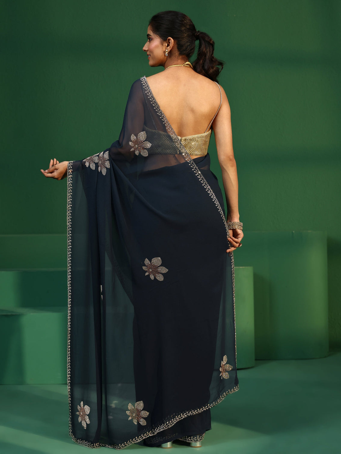 Mameraa Navy Blue Embellished Georgette Saree