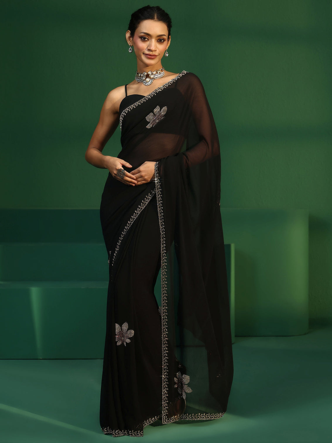 Mameraa Midnight Black Embellished Georgette Saree