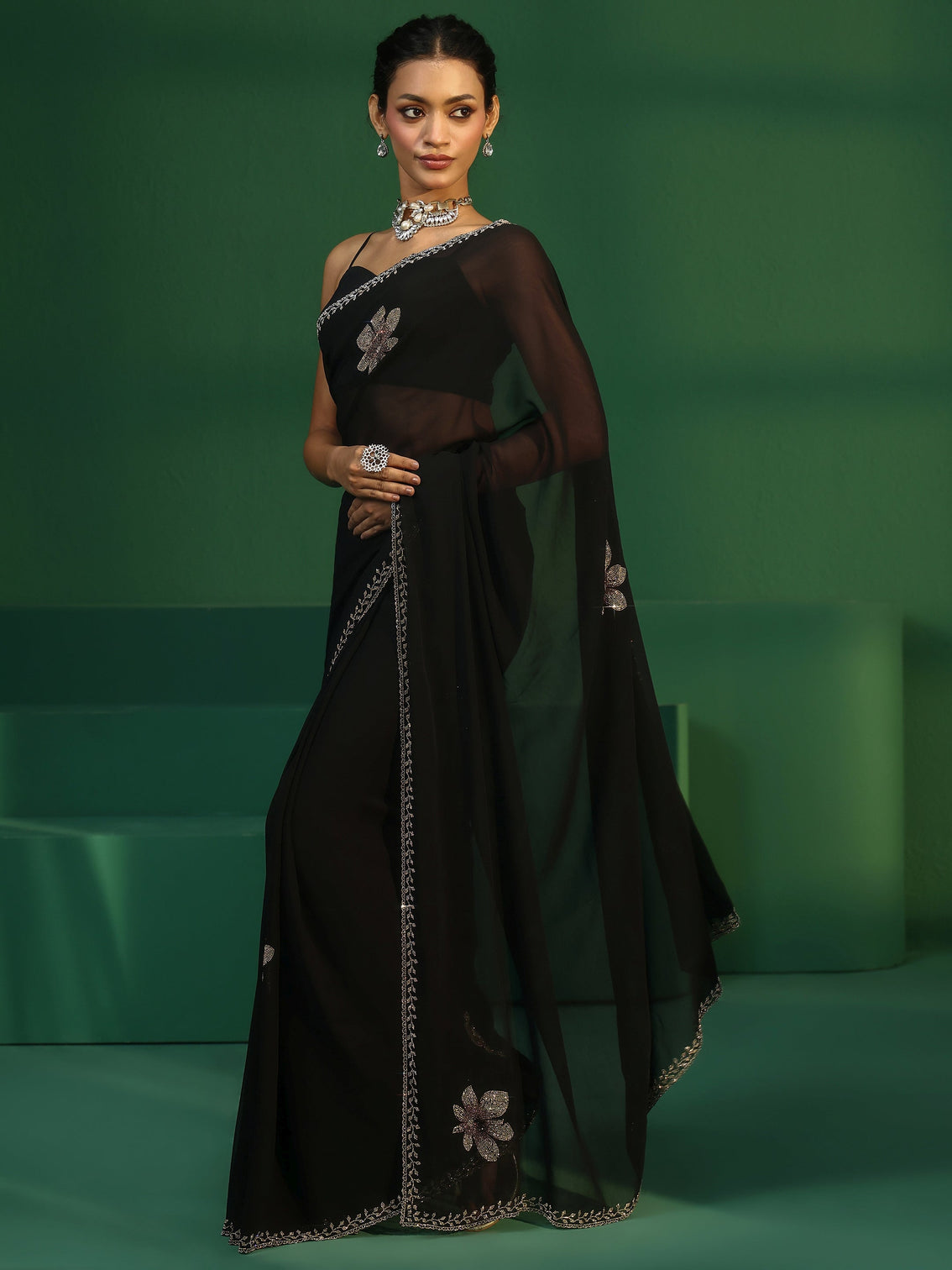 Mameraa Midnight Black Embellished Georgette Saree