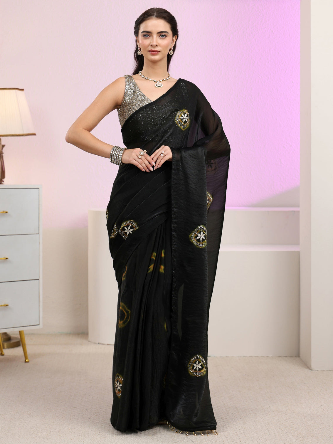 Mameraa Black Floral Embroidered Tissue Saree