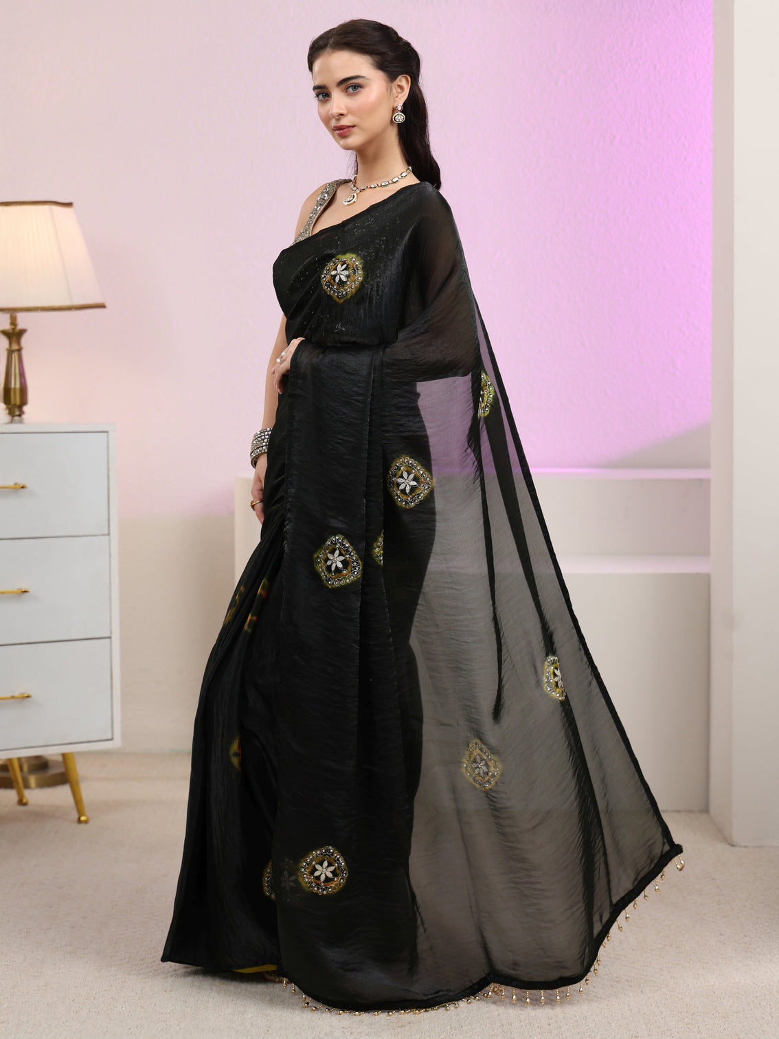 Mameraa Black Floral Embroidered Tissue Saree