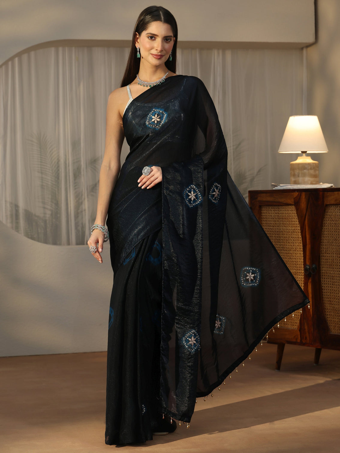 Mameraa Navy Blue Tissue Saree with Applique Design
