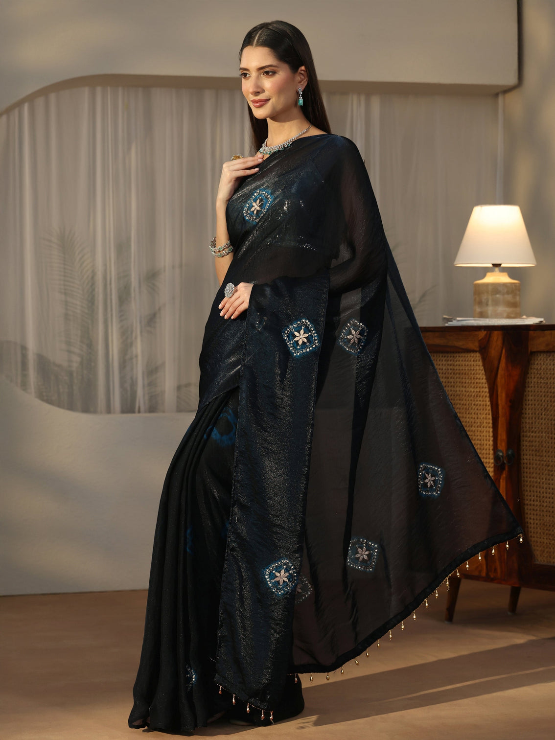 Mameraa Navy Blue Tissue Saree with Applique Design